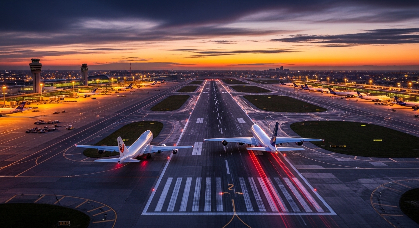Two aircraft on parallel runways at dusk