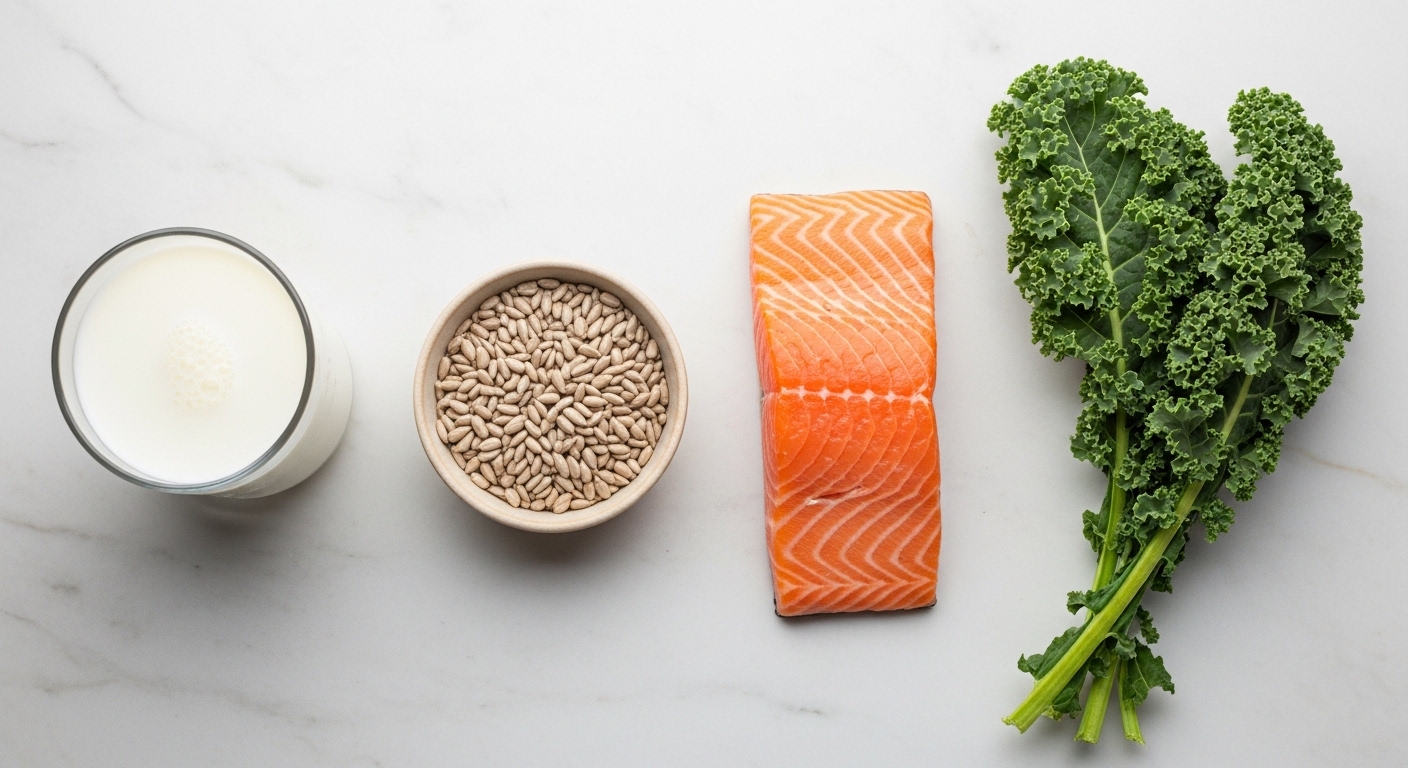Vitamin-rich foods including salmon, kale, milk, and seeds