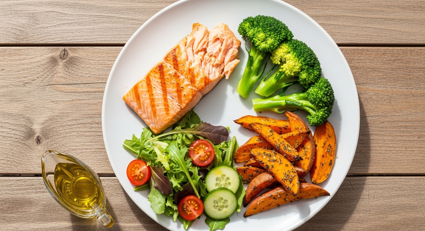 Balanced meal plate with salmon, sweet potato, and greens