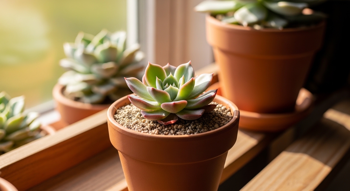 Young echeveria rosette freshly potted in a small terracotta pot.