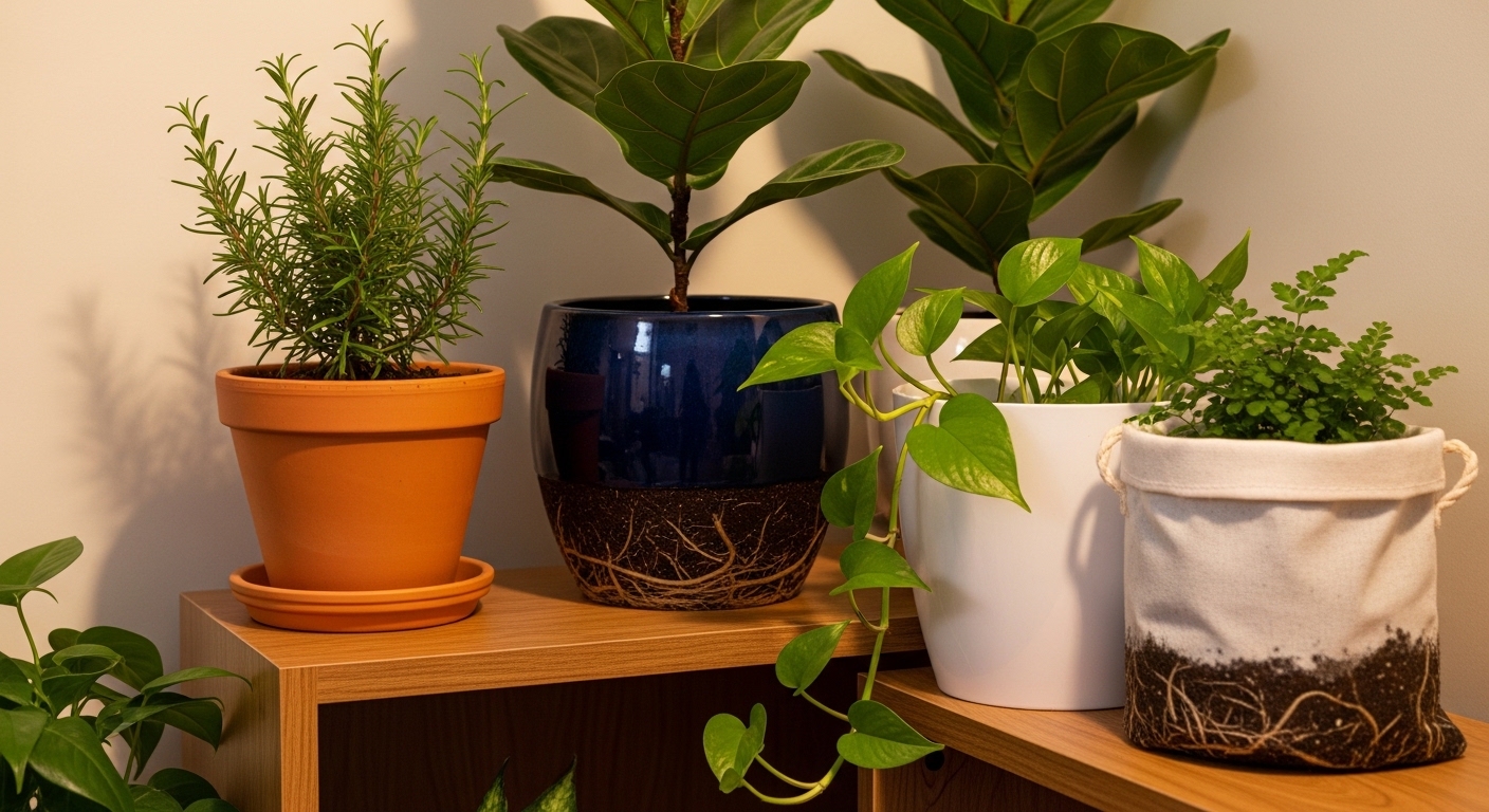 Mixed pot types arranged on tiered wooden shelving in a plant corner