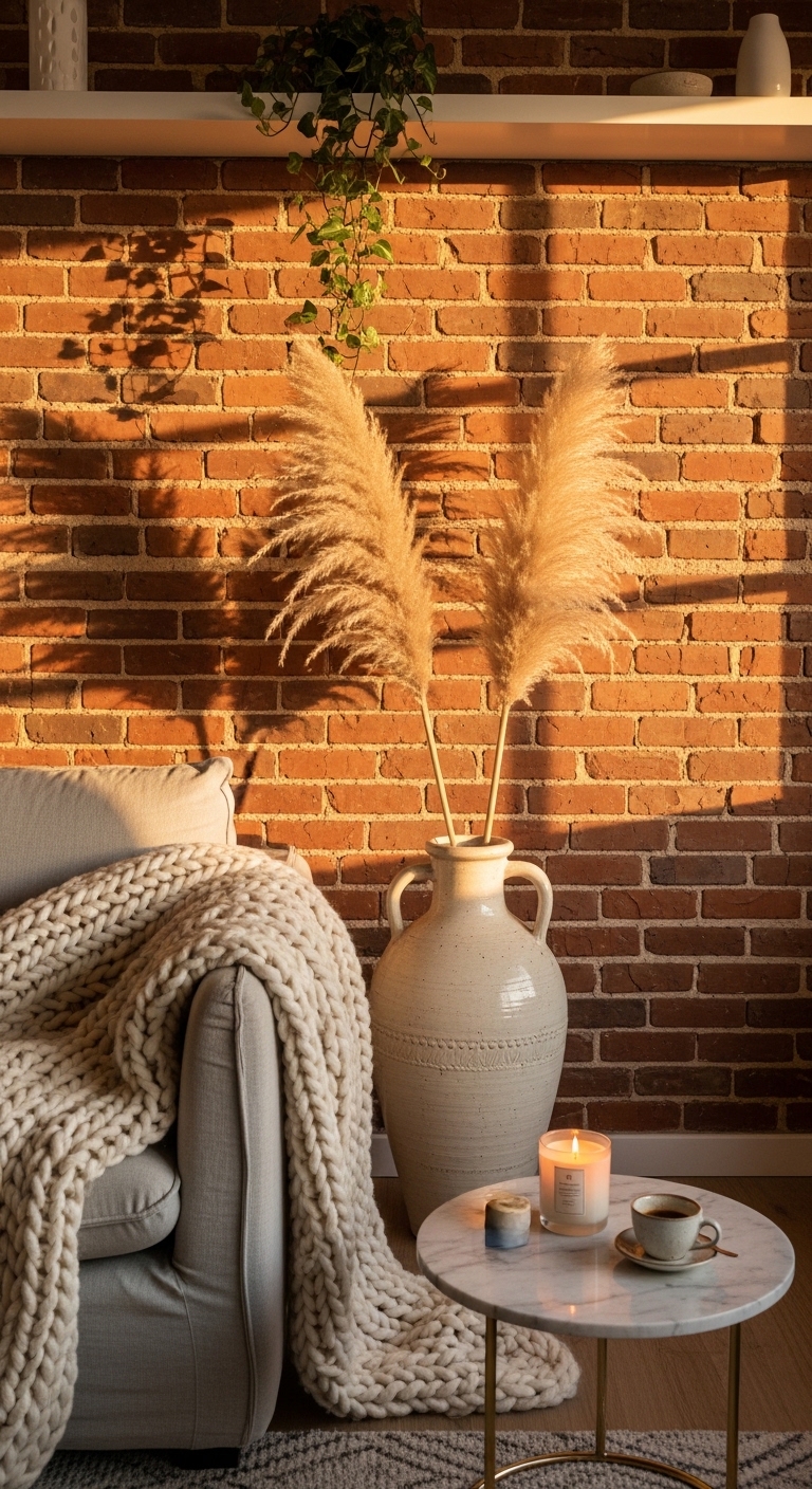Styled living room corner with exposed brick wall and pampas grass.