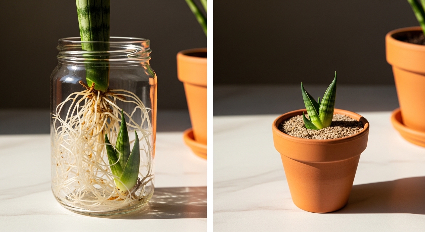 Two snake plant propagation stages showing roots and new pup growth.