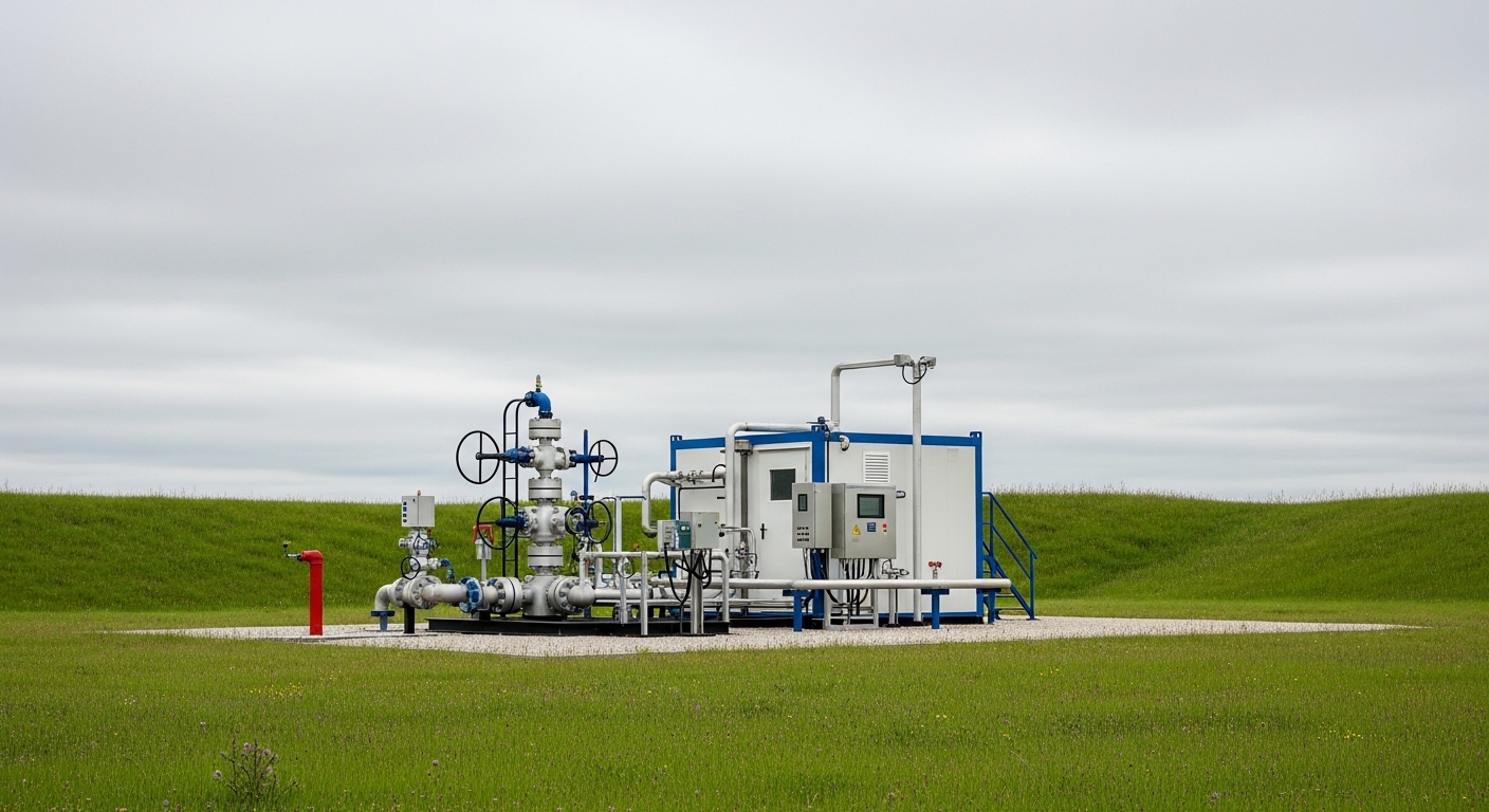 Small-scale natural hydrogen extraction wellhead in open landscape