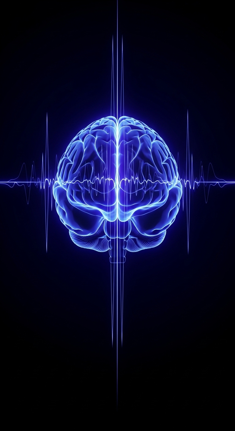 Glowing neon human brain with electrical wave patterns