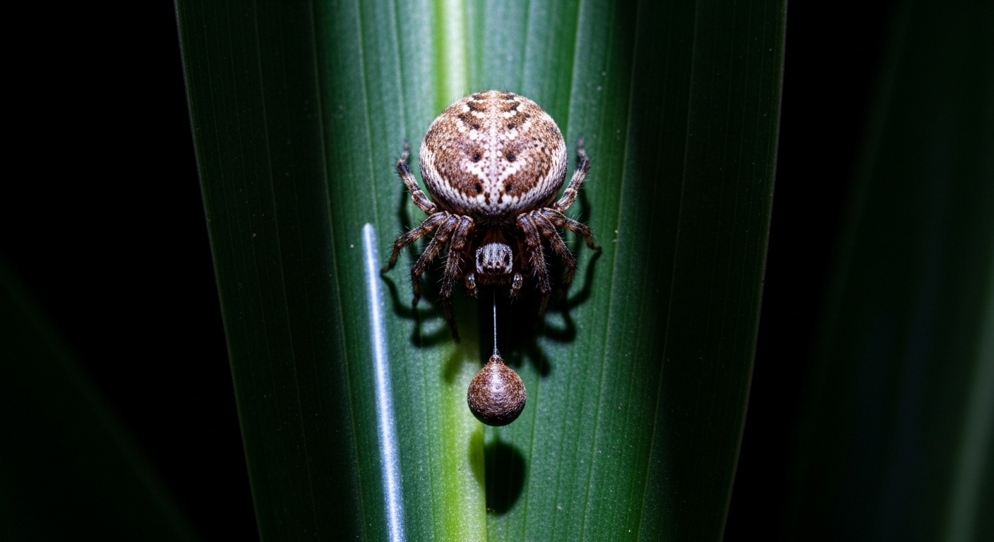 Overhead shot of bolas spider on leaf at night