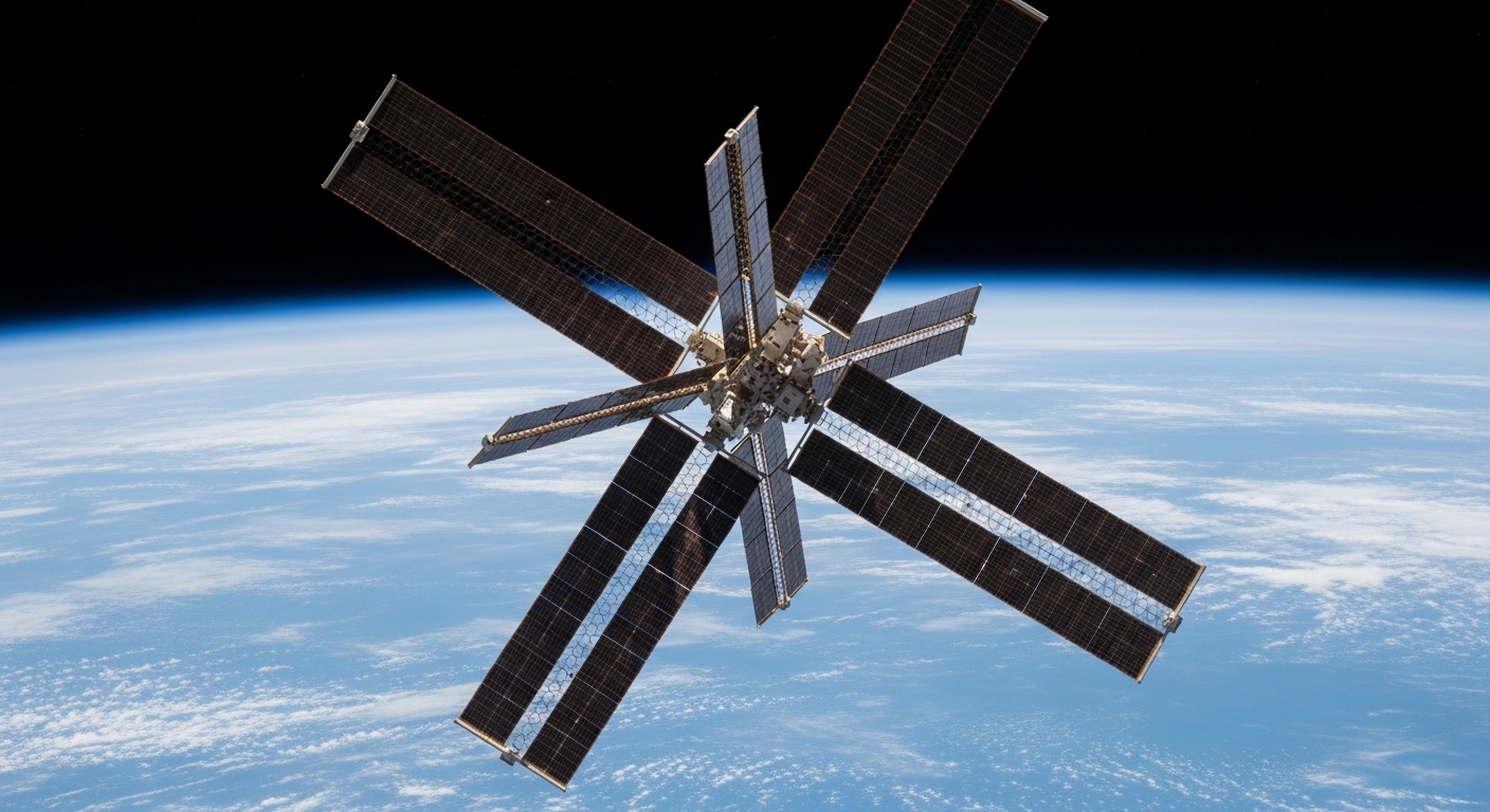 Space station solar arrays above Earth's curve