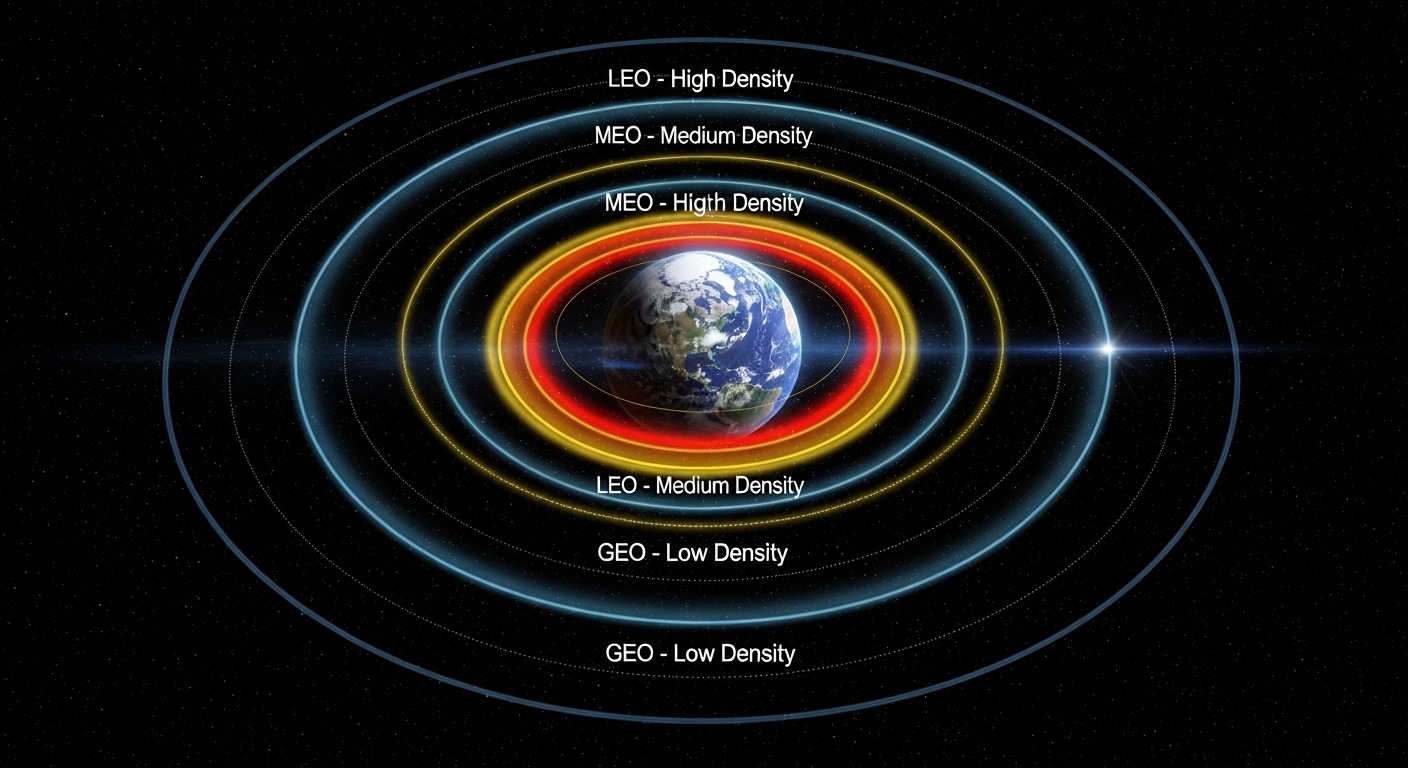 Color-coded orbital shells showing debris density around Earth