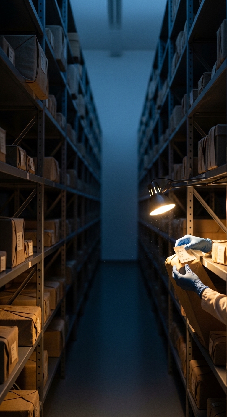 Museum storage corridor with conservator at work