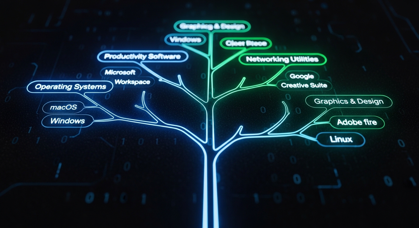 Glowing branching tree diagram representing Linux family tree