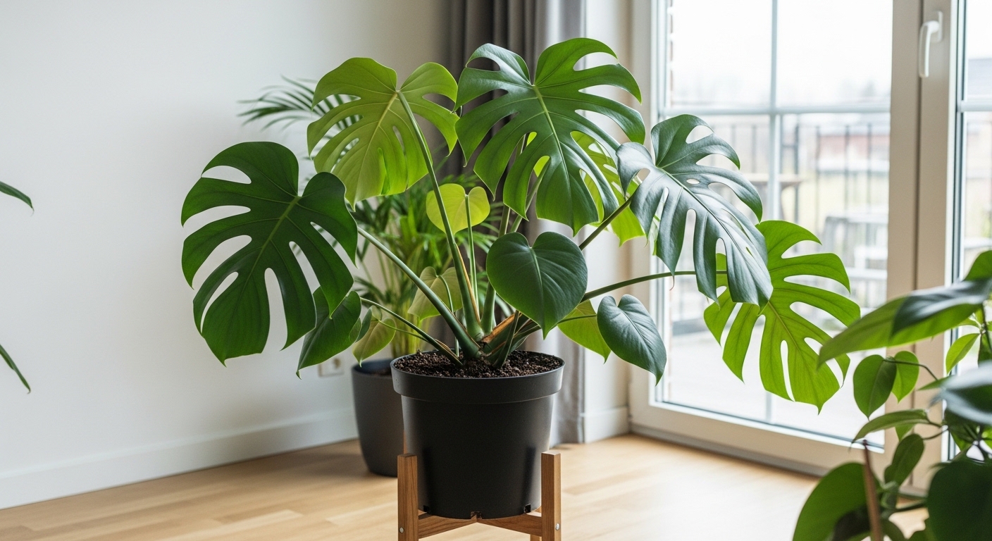 Monstera in a black plastic pot on a wooden stand in bright room