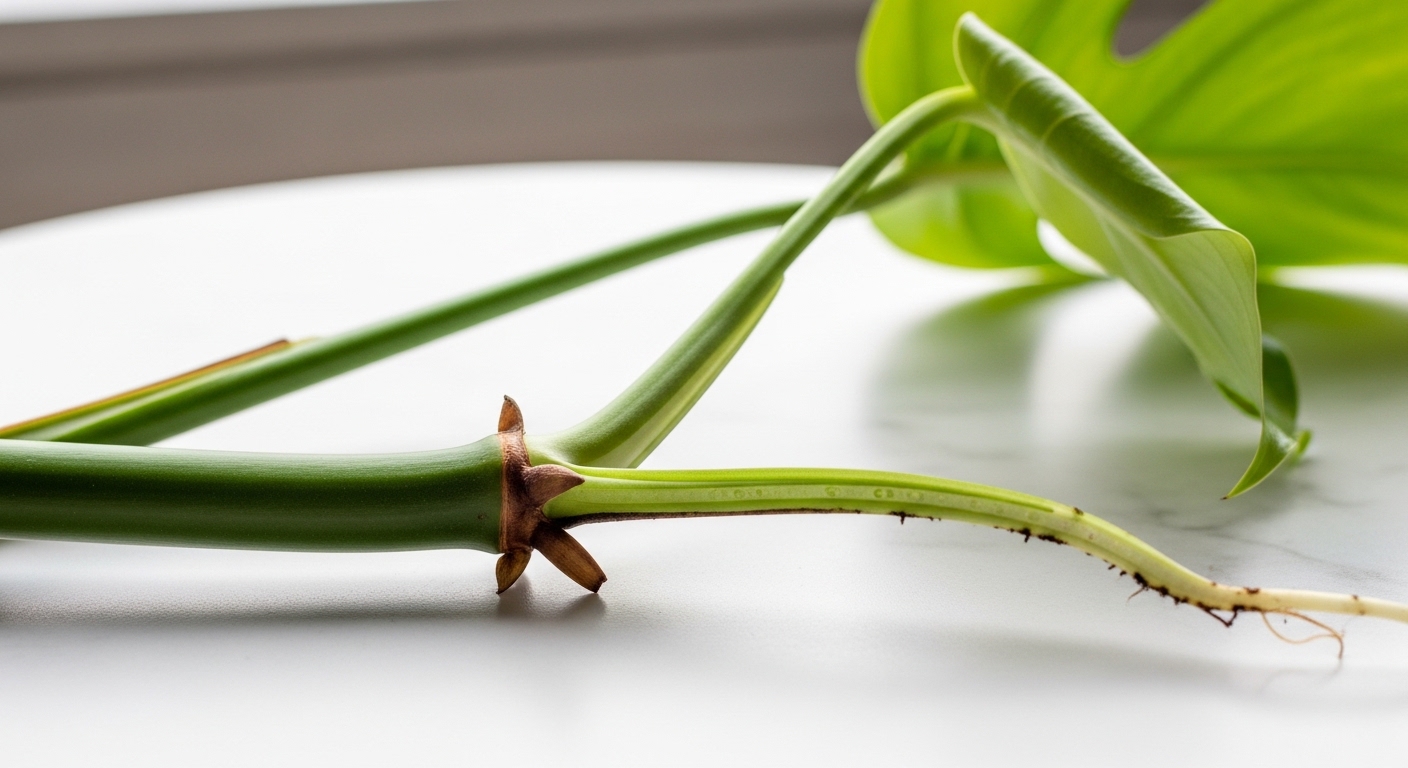 Monstera stem cutting with visible node and aerial root