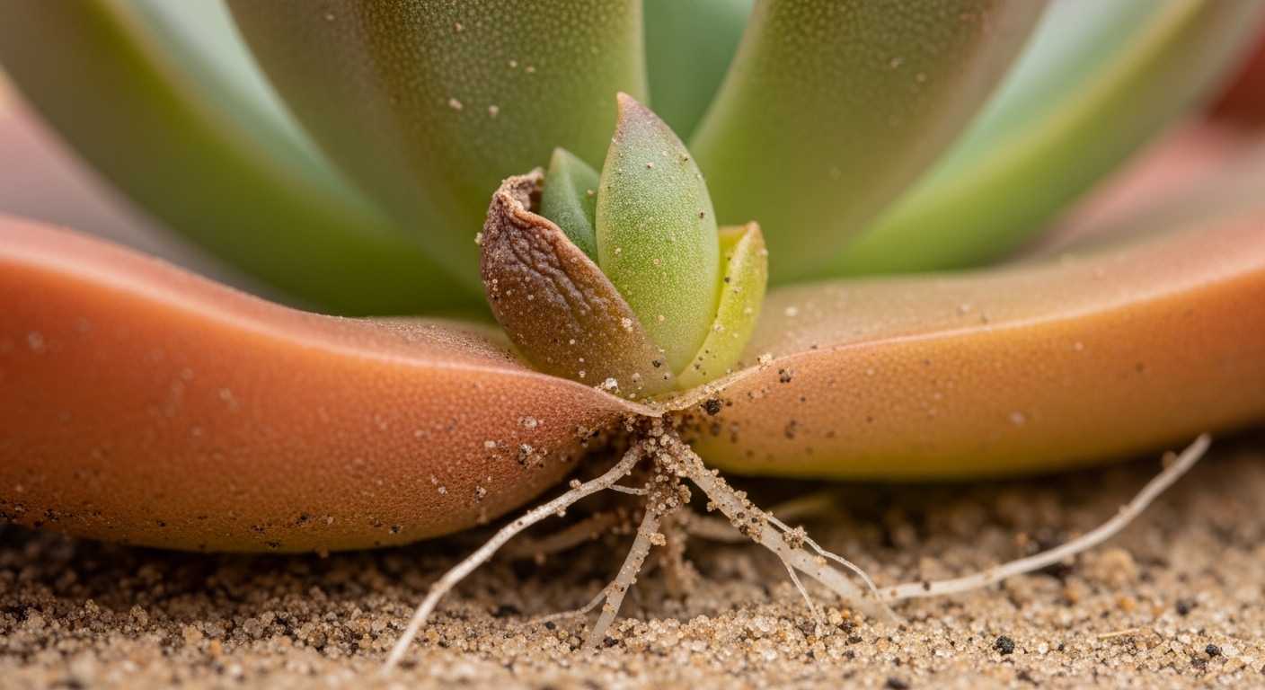 Tiny succulent rosette pup emerging from a propagating leaf.