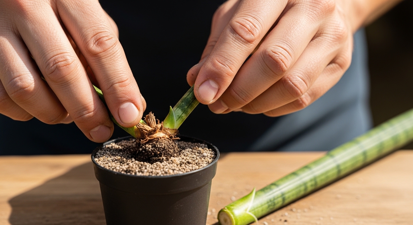 Hands removing a rotted snake plant cutting from propagation pot.