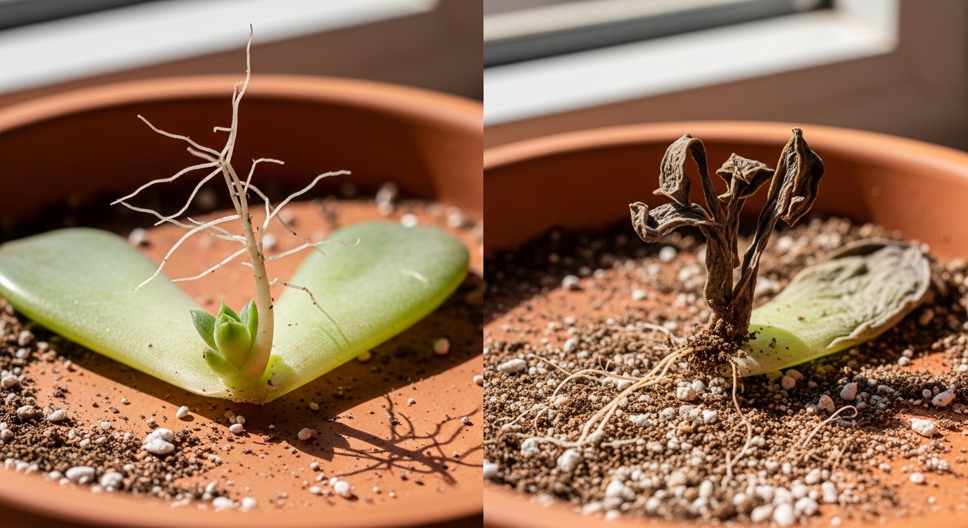 Healthy propagating leaf beside a failed shriveled succulent leaf.