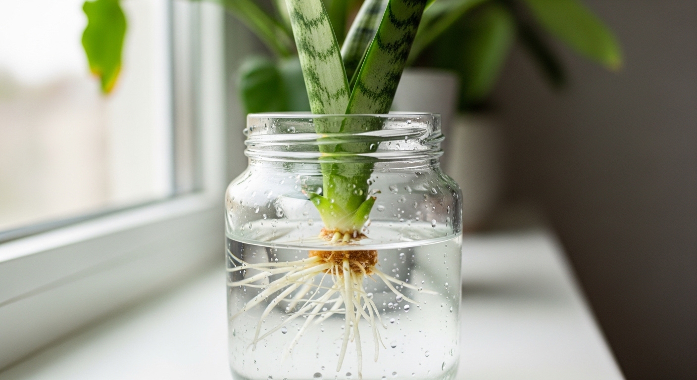 Snake plant leaf cutting in glass jar with white roots emerging in water.