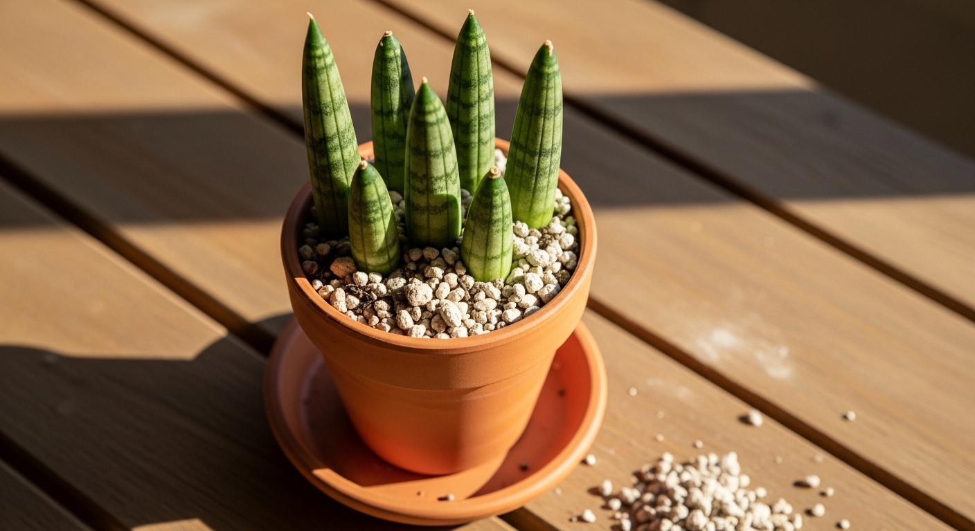 Snake plant leaf cuttings standing upright in terracotta pot with perlite mix.