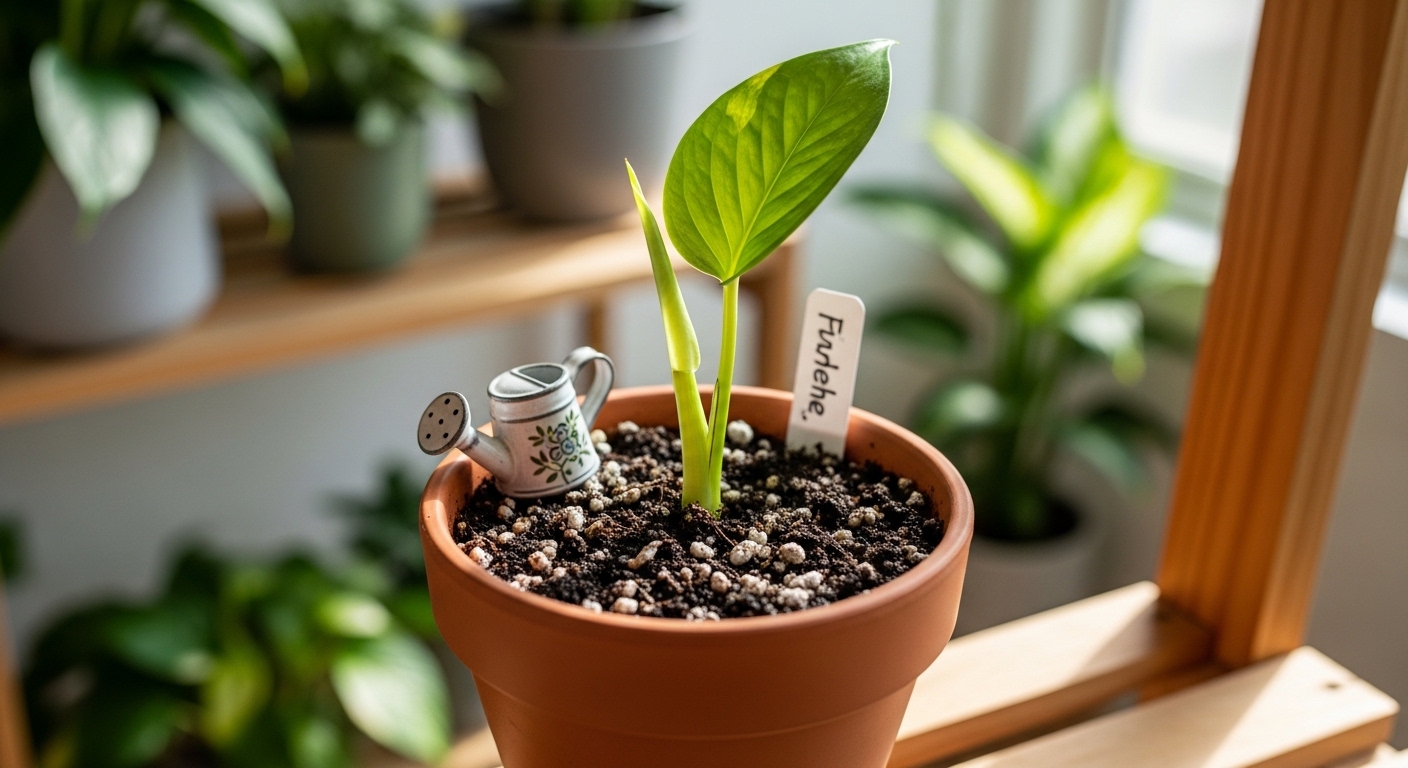 Freshly potted pothos cutting in terracotta pot on a sunny shelf