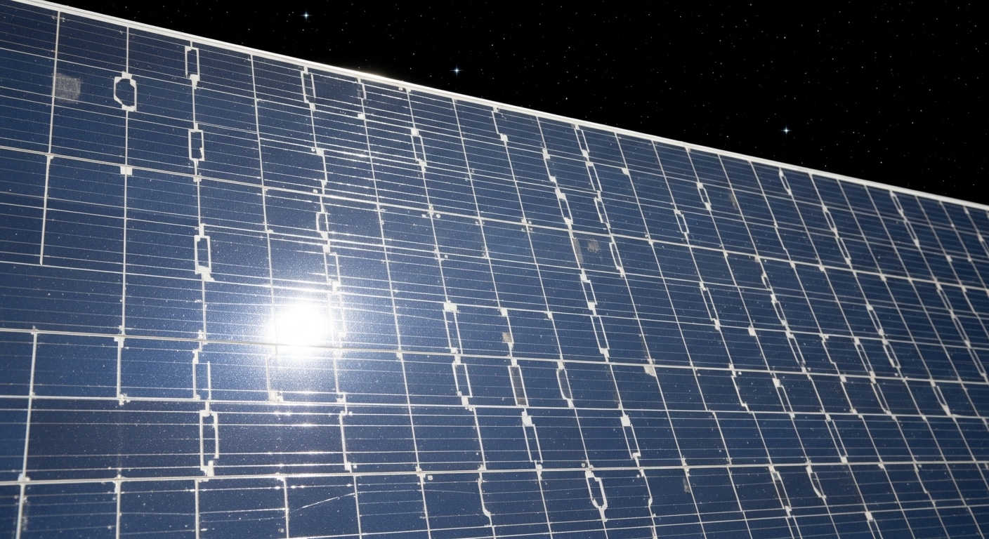 Spacecraft solar panel array reflecting sunlight