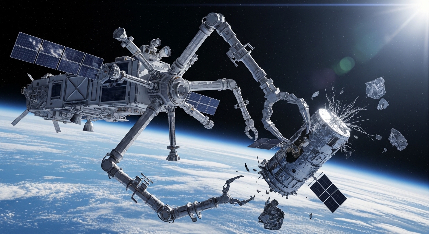 Debris-capture spacecraft grappling satellite wreckage in orbit
