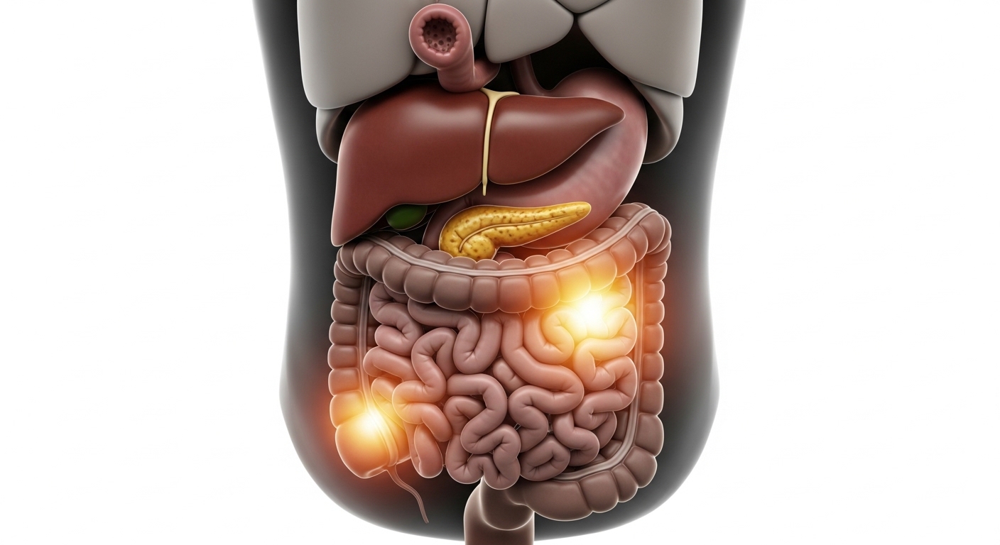Human digestive system highlighting liver and small intestine