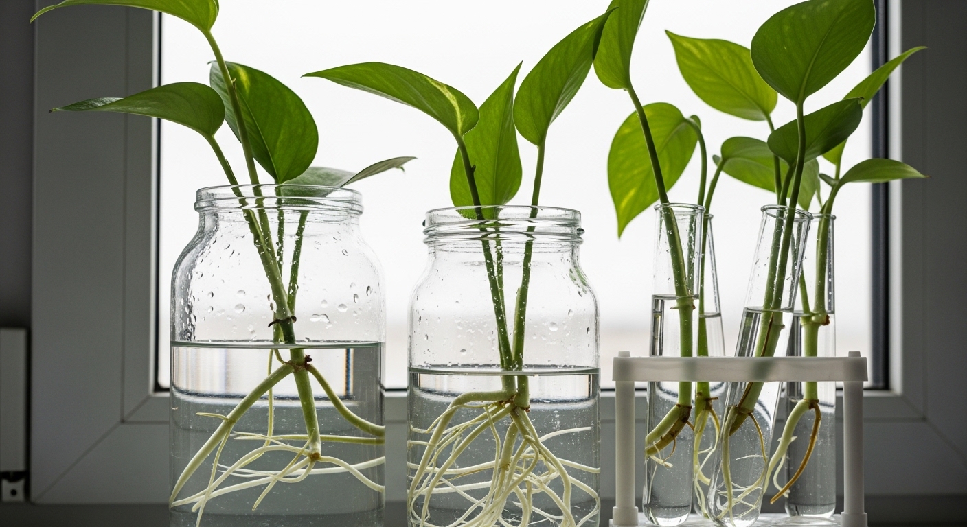 Pothos and philodendron cuttings rooting in glass jars on bright windowsill