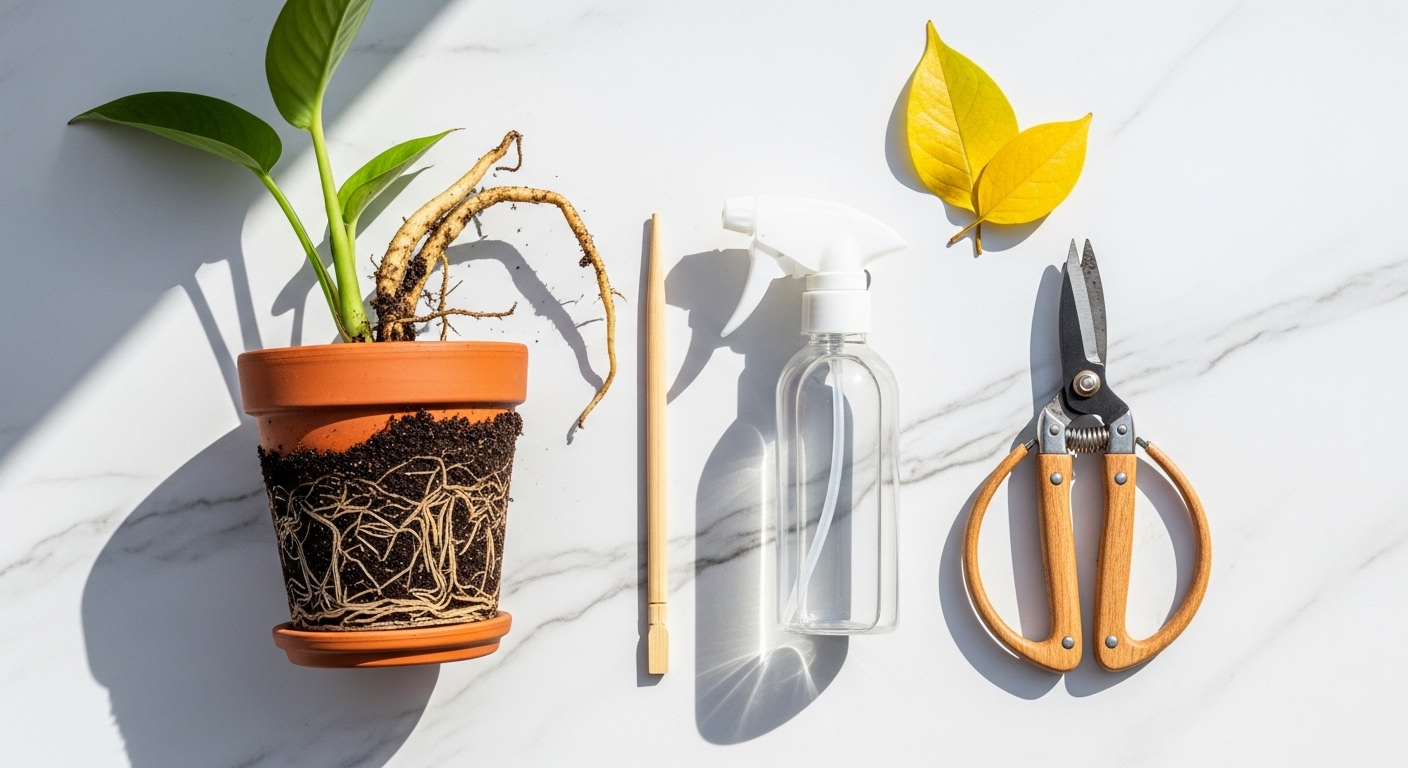 Plant rescue tools laid flat beside pot with exposed damaged roots