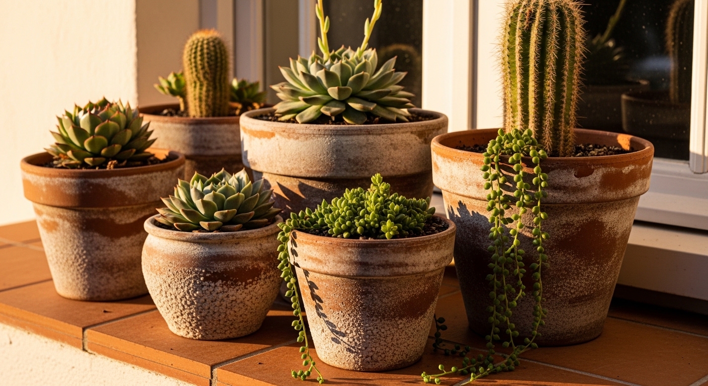 Terracotta pots with succulents and cacti on a sunny windowsill