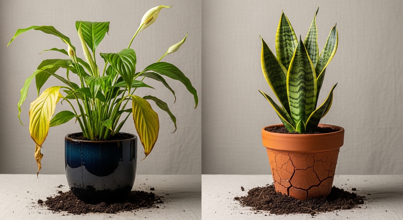 Side-by-side comparison of overwatered peace lily and underwatered snake plant