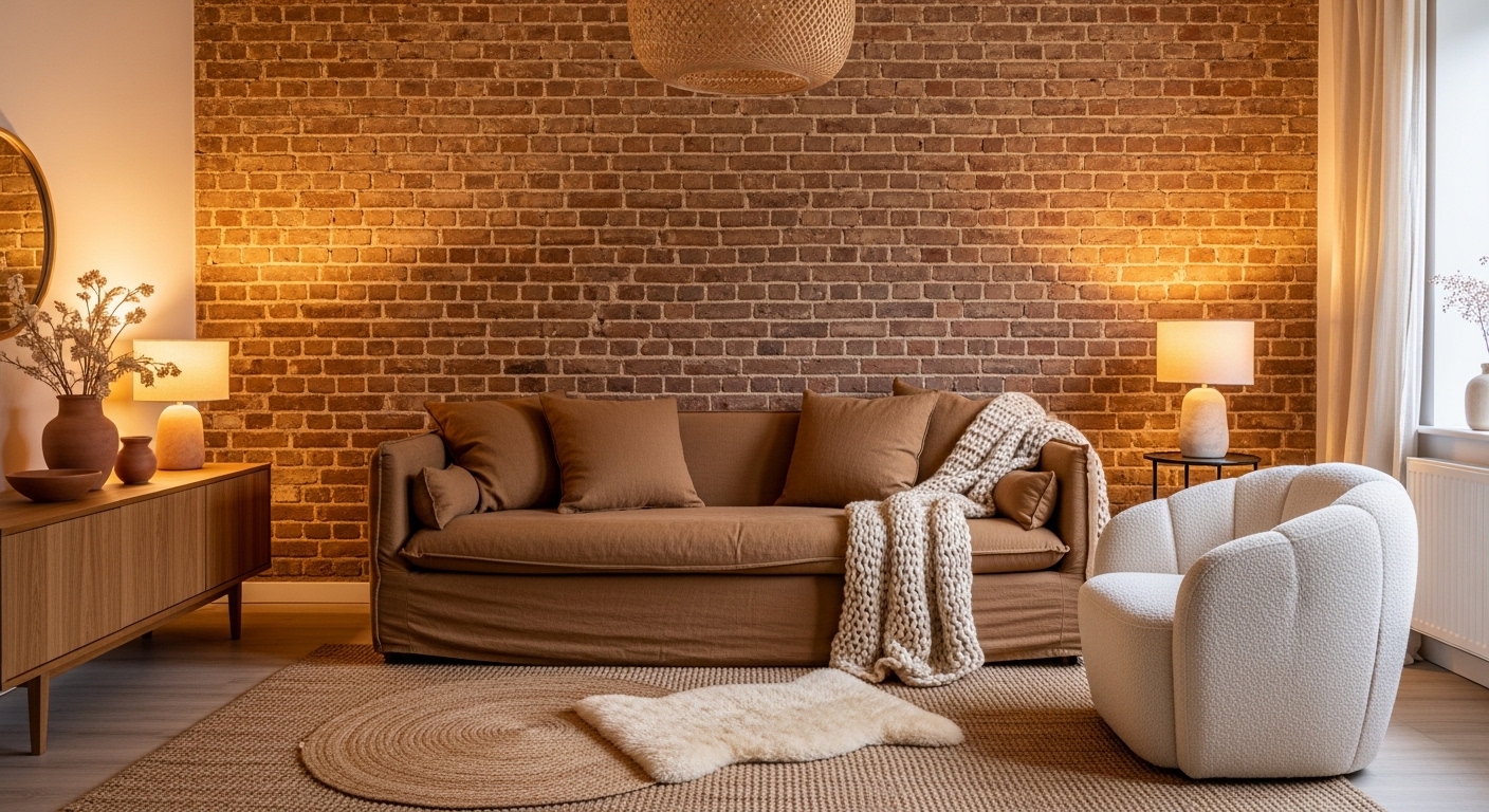 Warm neutral living room with rustic exposed brick and bouclé chair.