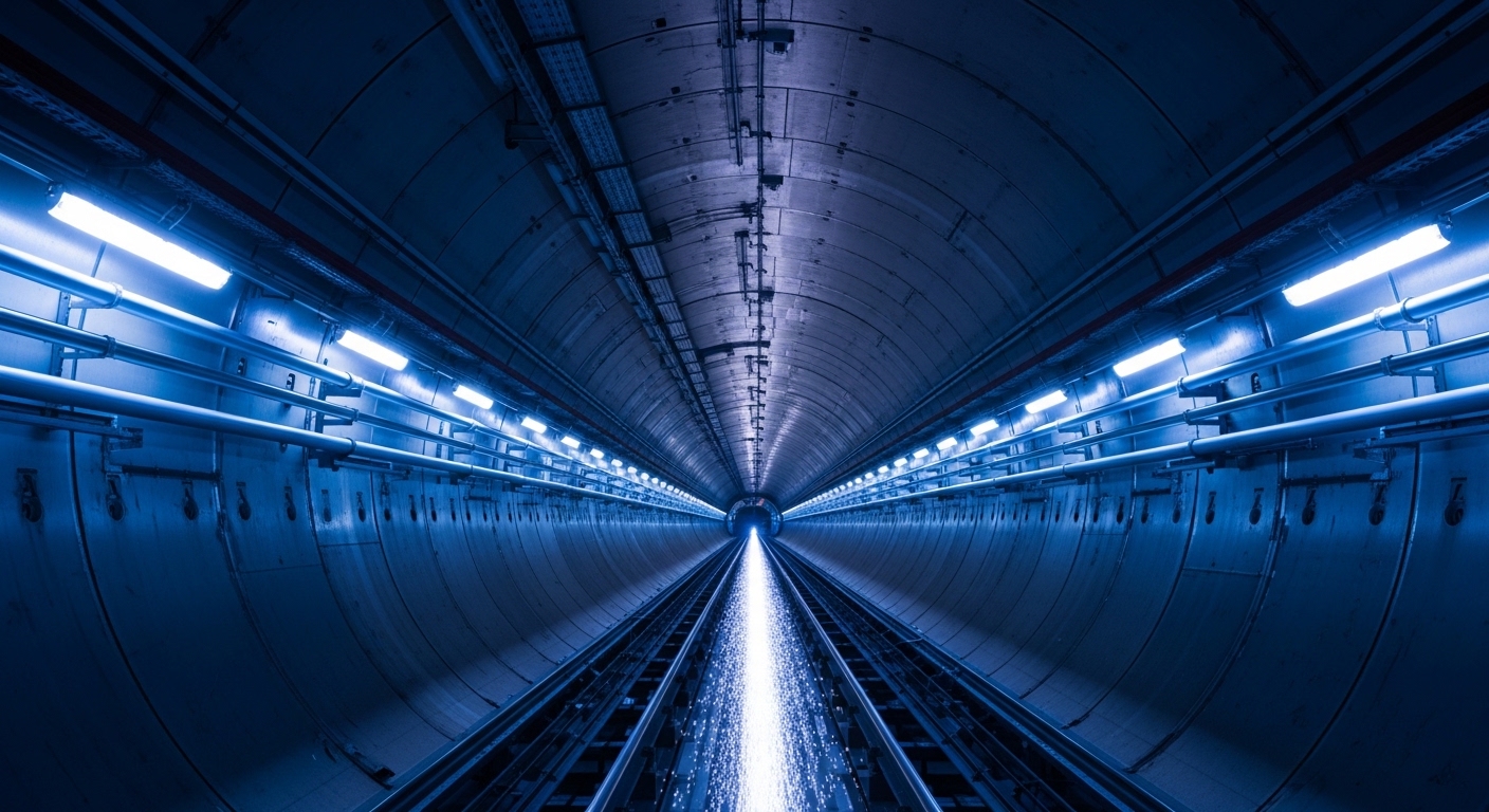 Particle accelerator tunnel with glowing energy beam