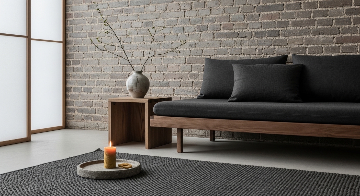Japandi living room with exposed brick wall and low walnut sofa.