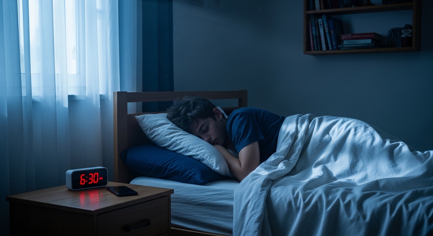 Teenager struggling to wake up at early morning alarm