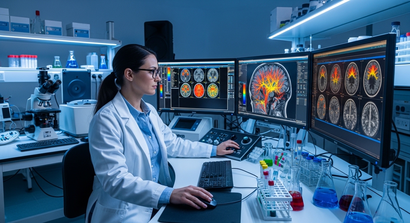 Neuroscience researcher analyzing brain scan data on monitors