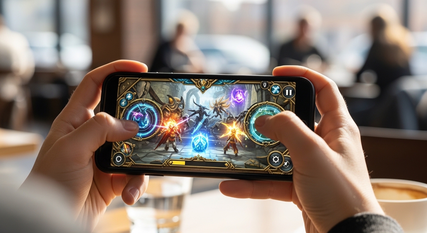 Person cloud gaming on smartphone at cafe
