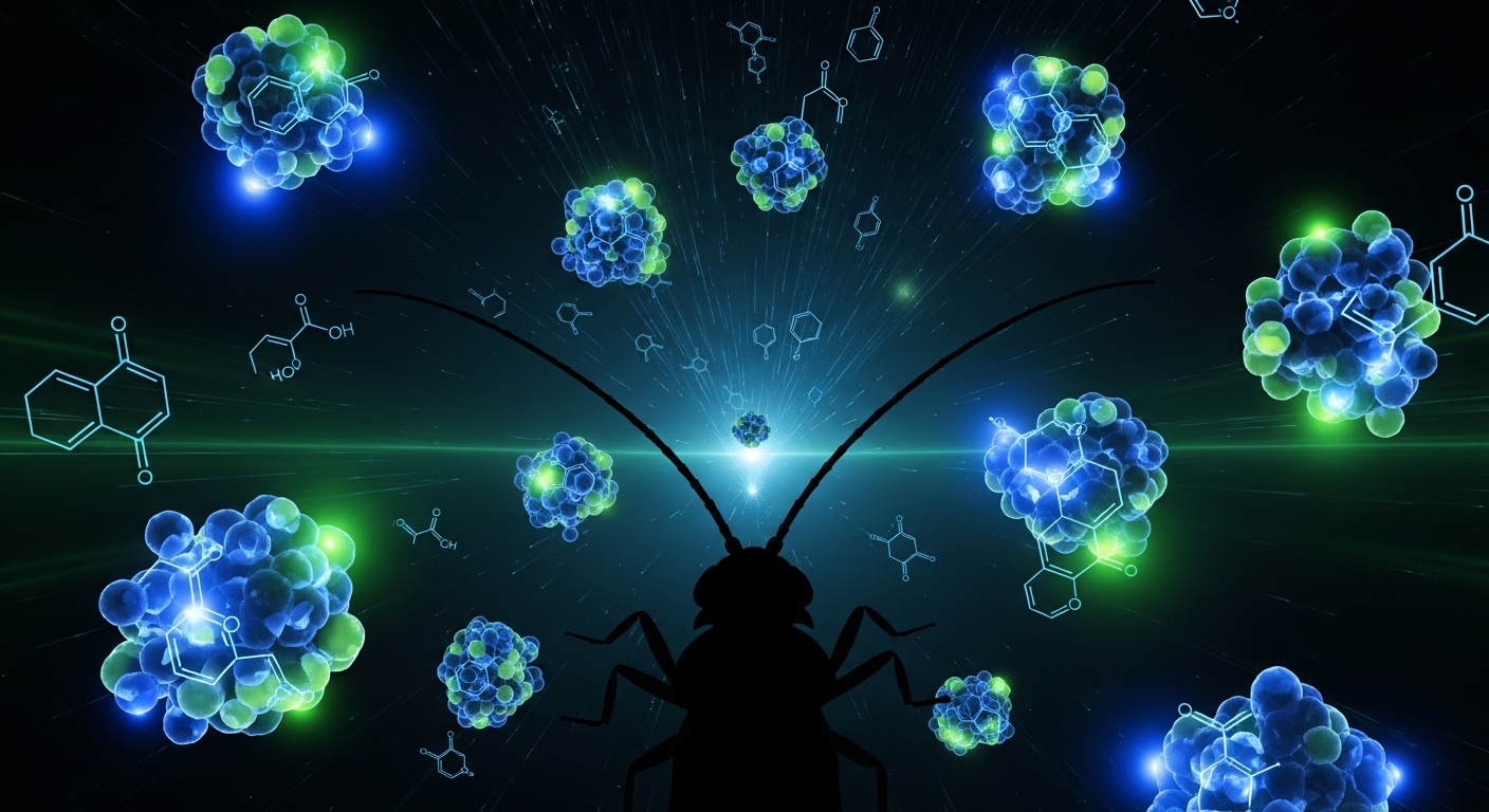 Diagram of pheromone molecules traveling toward insect antenna