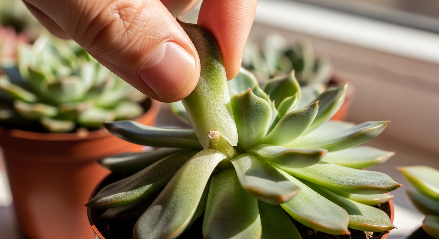 Hand removing a succulent leaf cleanly from a rosette stem.