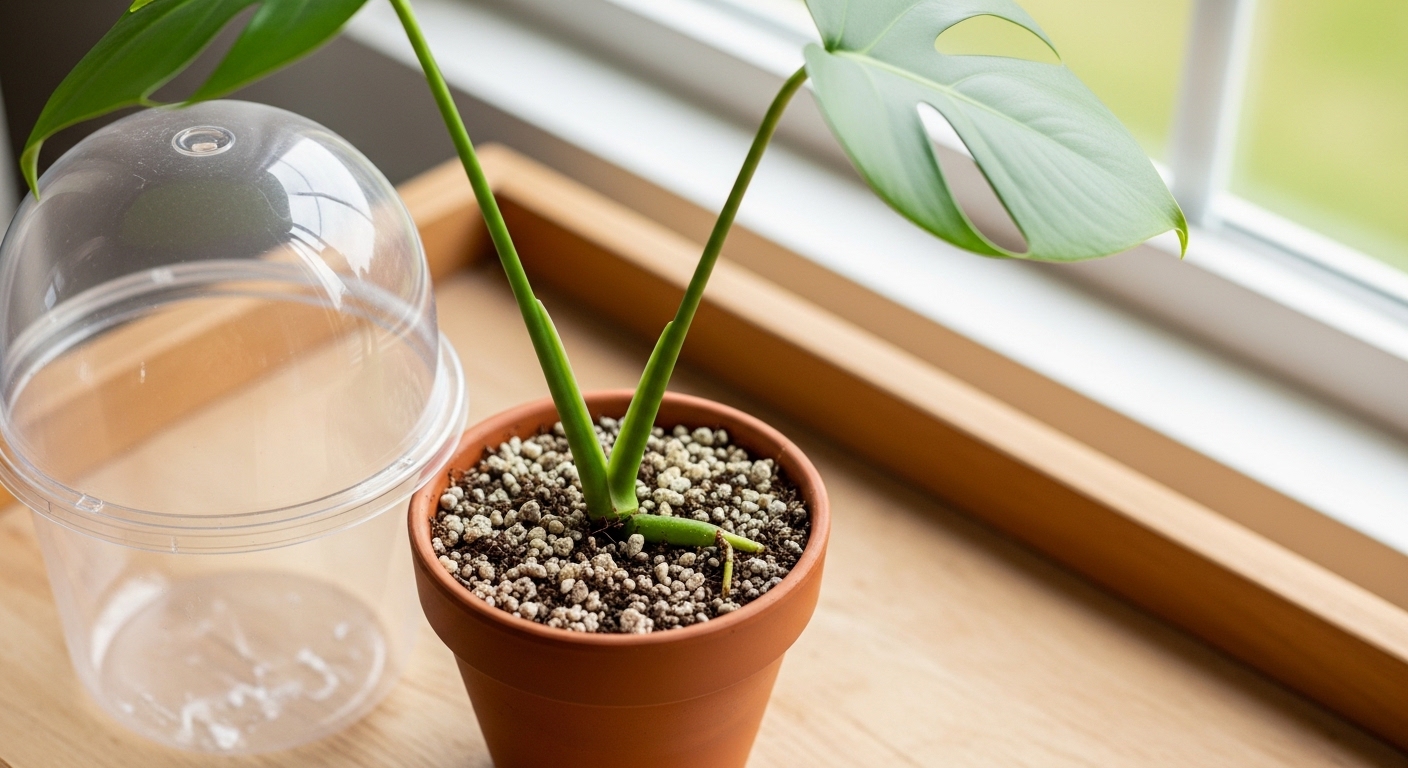 Monstera cutting in perlite mix under humidity dome