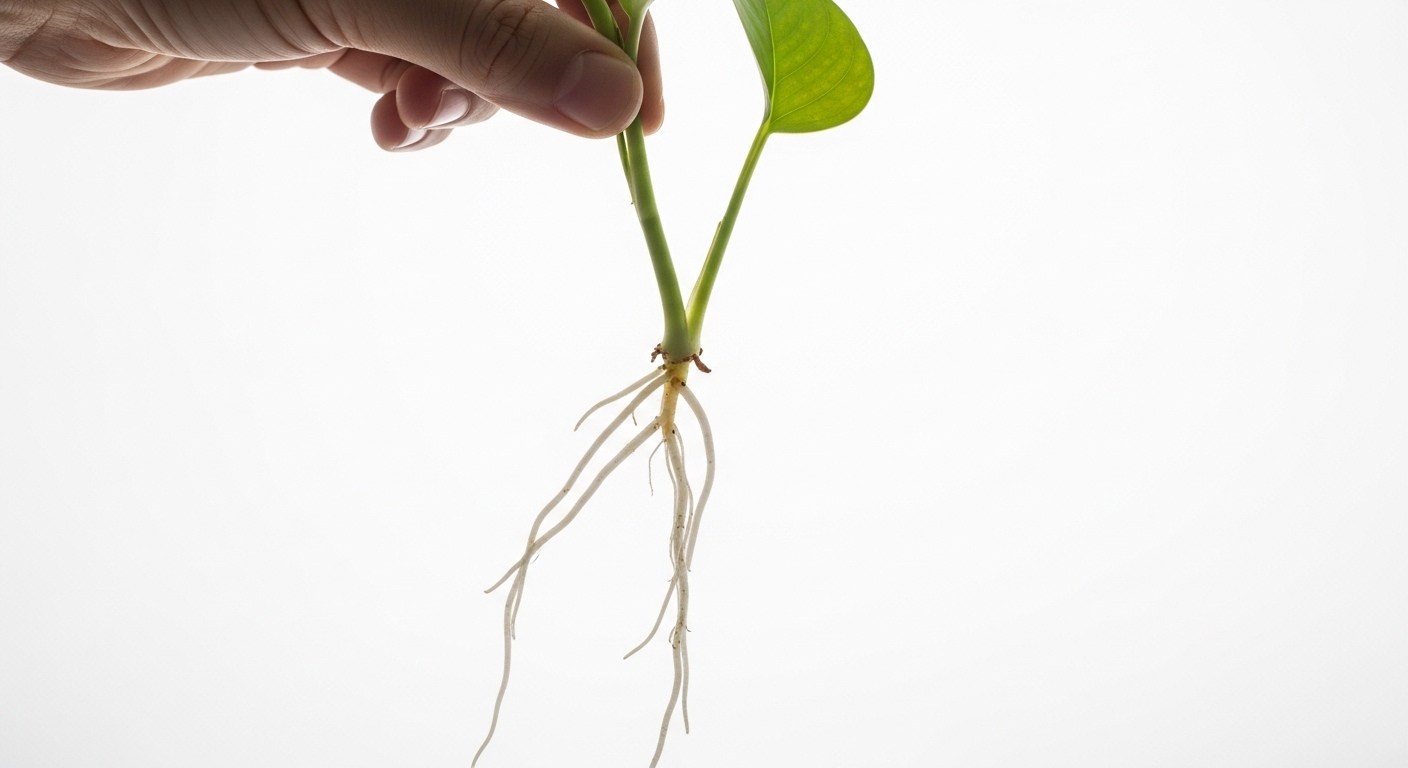 Pothos cutting with healthy white roots ready for potting up