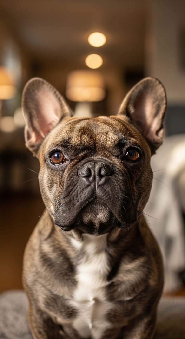 close-up portrait of French Bulldog with expressive eyes in cozy home