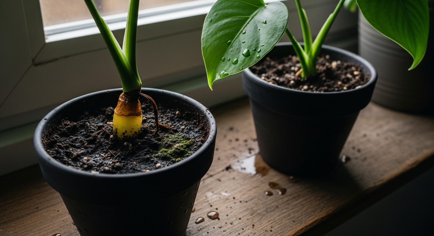 Overwatered monstera cutting showing yellowing and stem rot