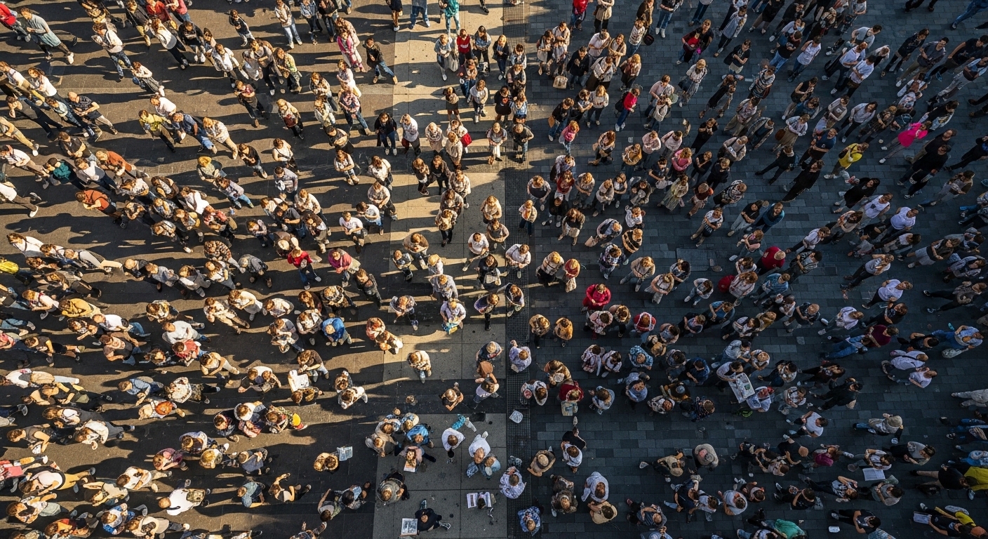 Overhead view of large labor rally in city plaza