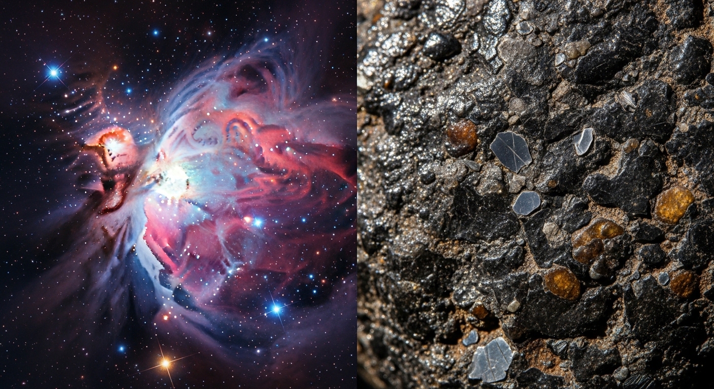 Stellar nebula alongside meteorite surface comparison