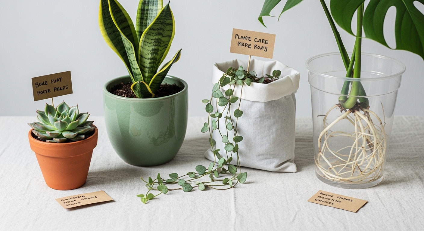 Curated selection of pot types with plant care note cards on linen