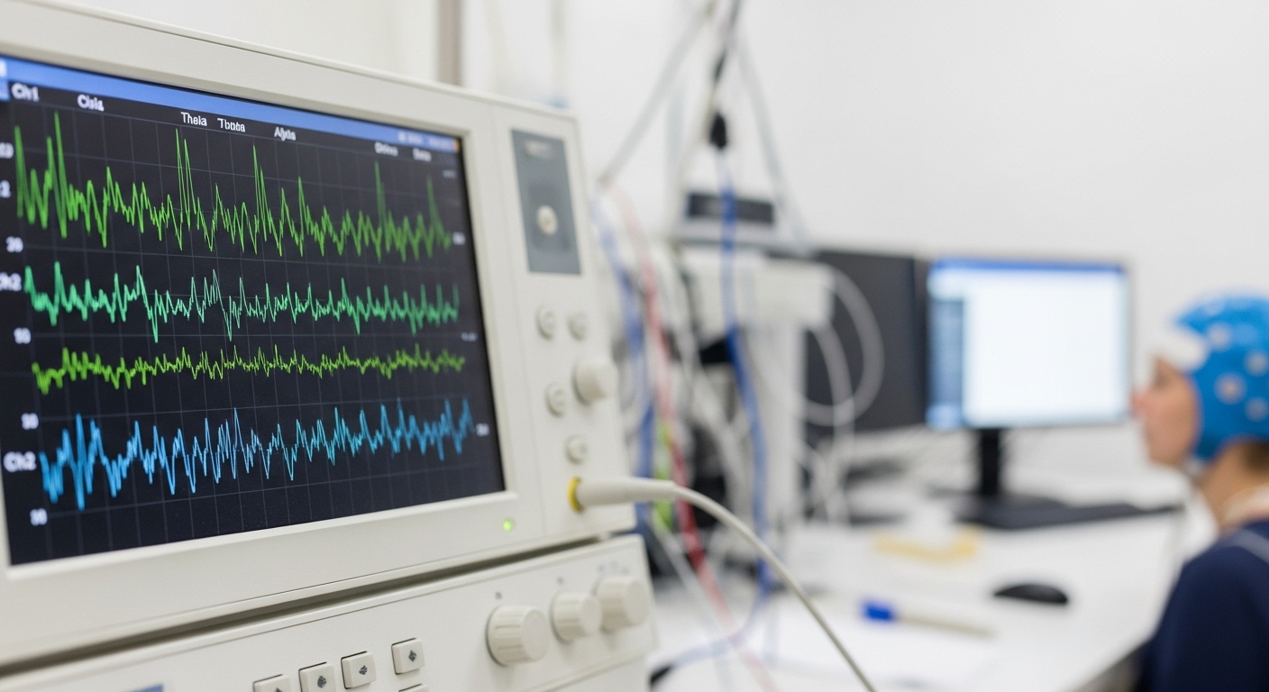 EEG machine displaying brain wave readouts in lab