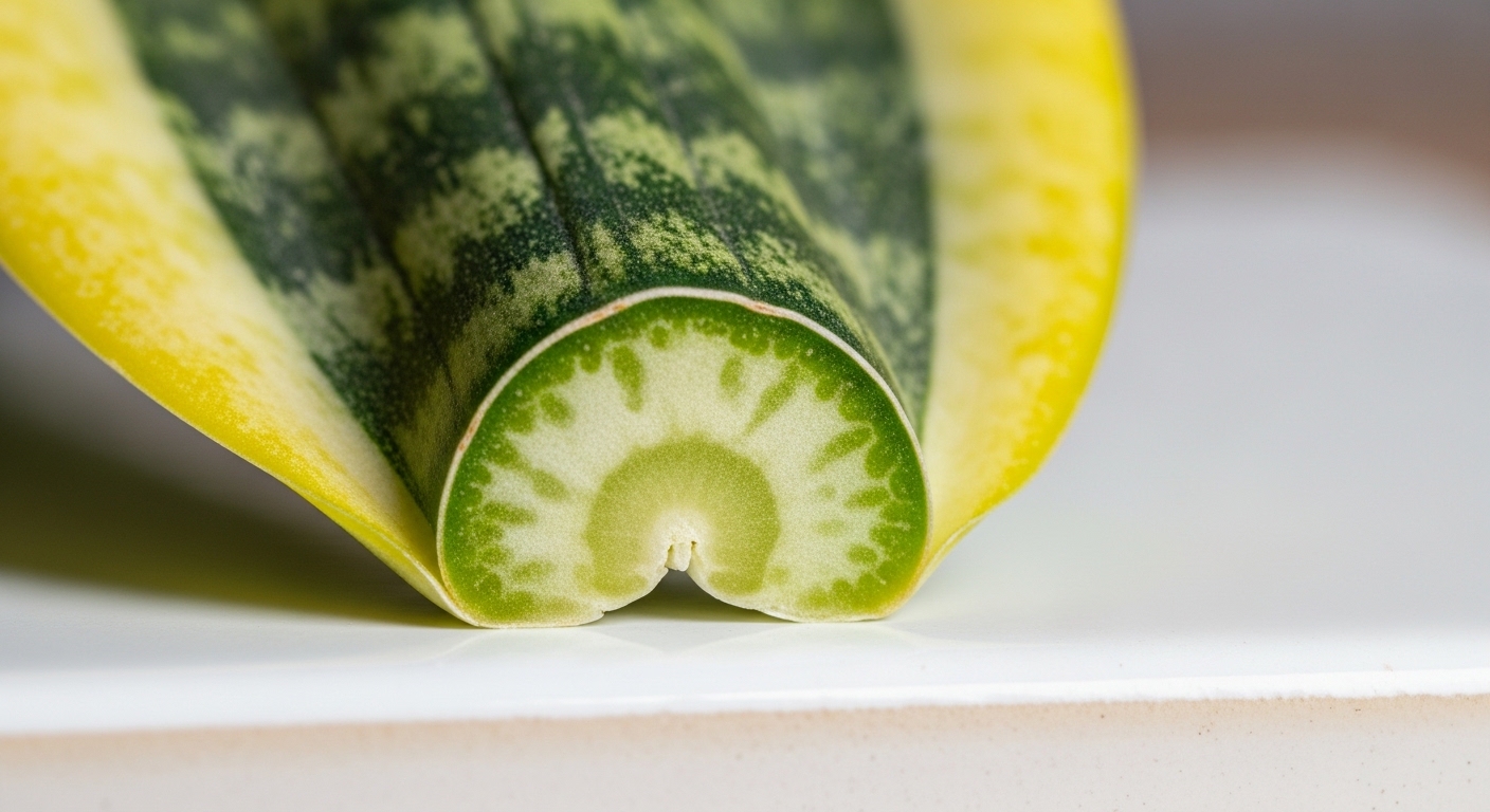 Close-up cross-section of variegated snake plant leaf showing yellow margin.