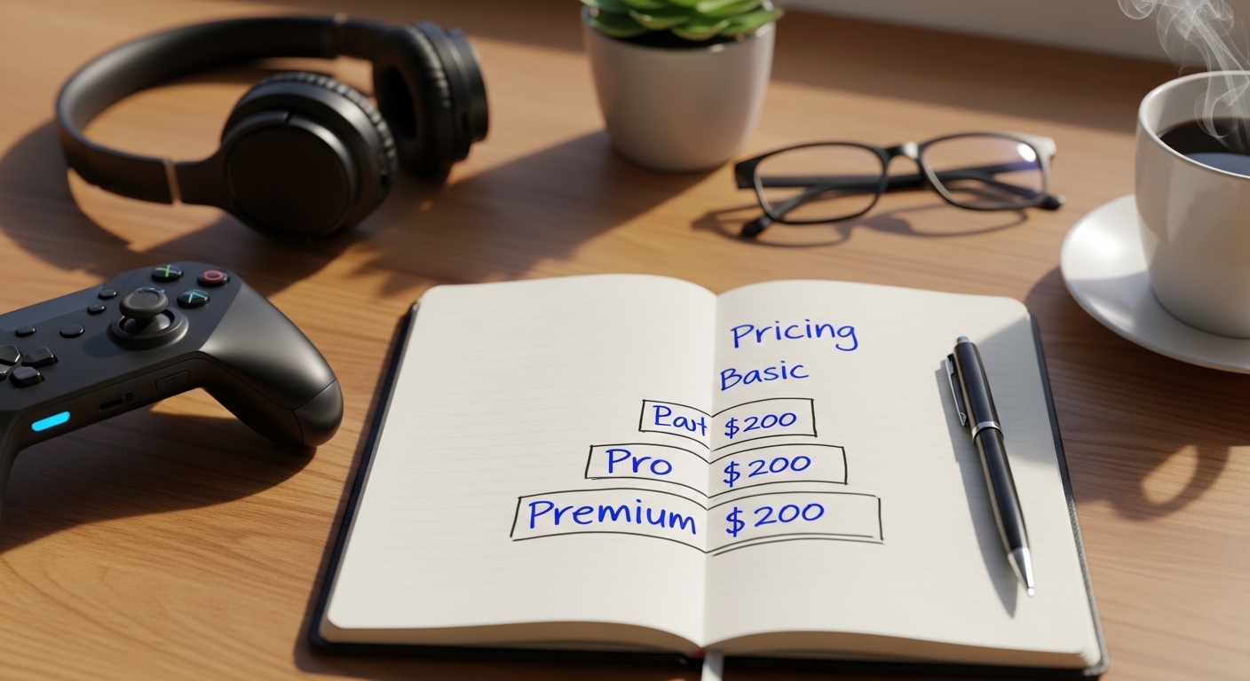 Tiered pricing diagram next to a game controller