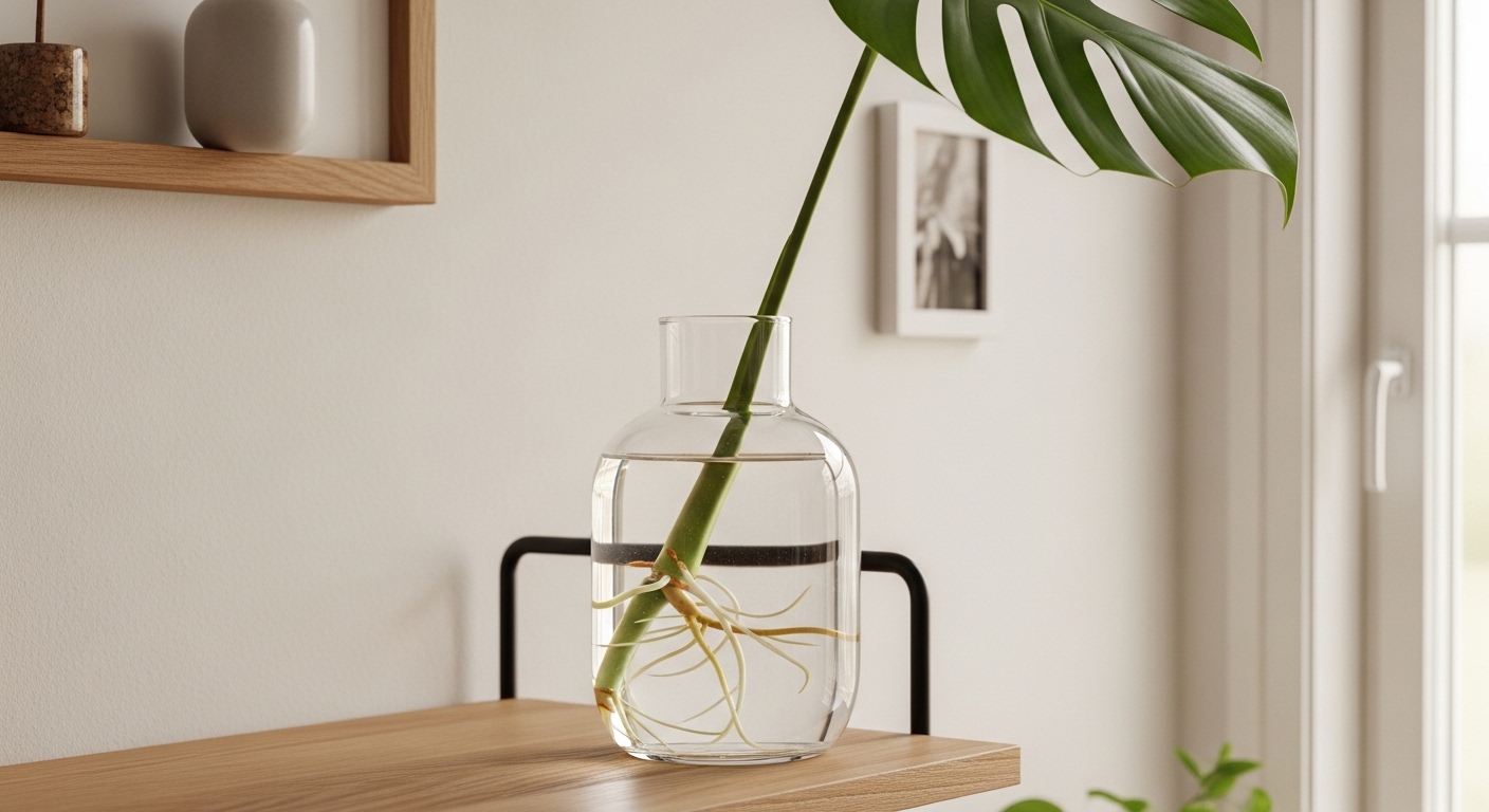 Monstera cutting rooting in clear glass vase with visible roots