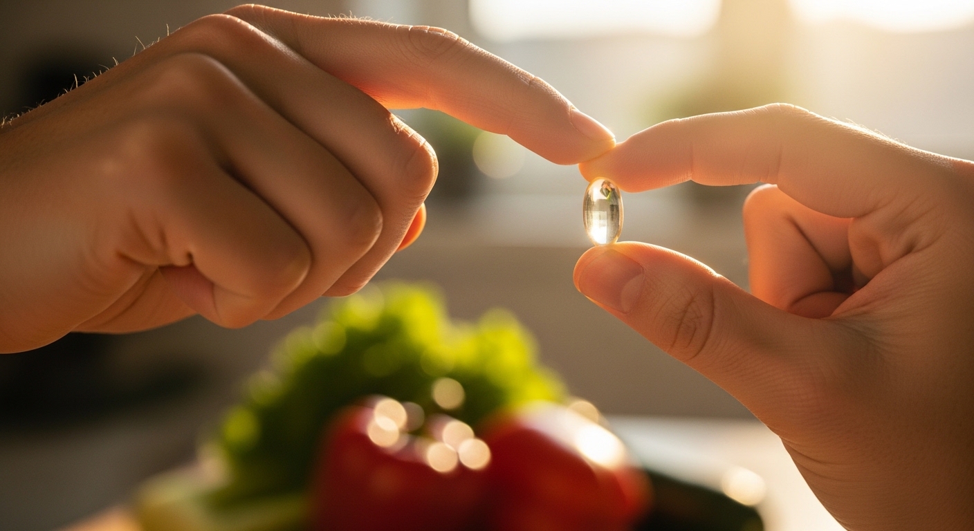 Person holding supplement capsule up to sunlight
