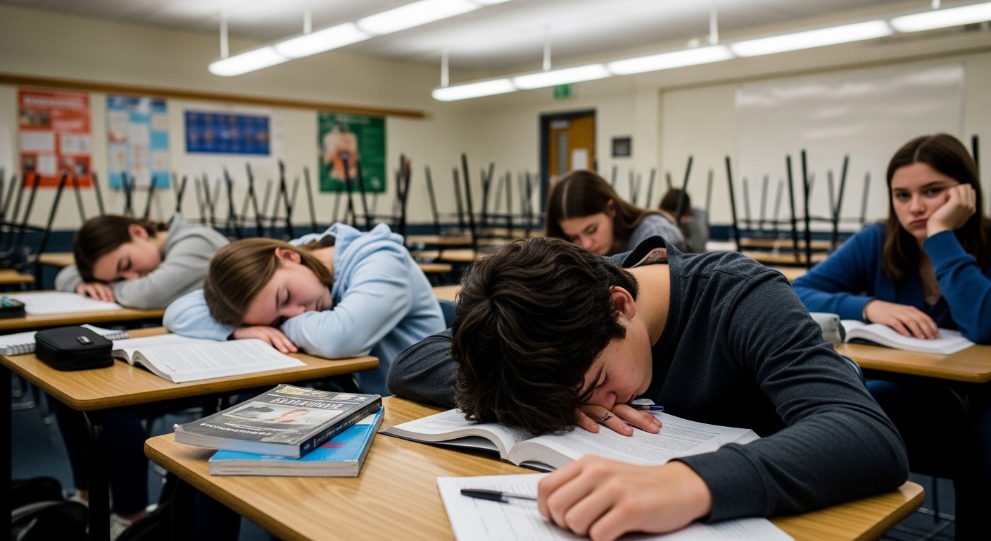 Tired teenagers struggling to stay awake in class